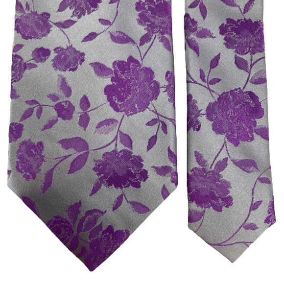 Paul Fredrick Tie Mens Purple Gray Floral 100% Silk Pointed Classic Tie - Picture 2 of 7
